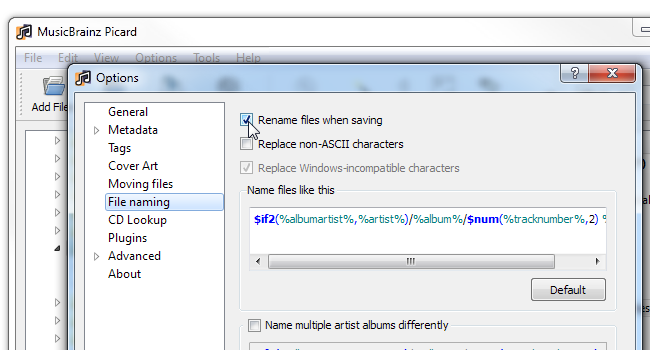 Включение автоматического переименования файлов в настройках Picard