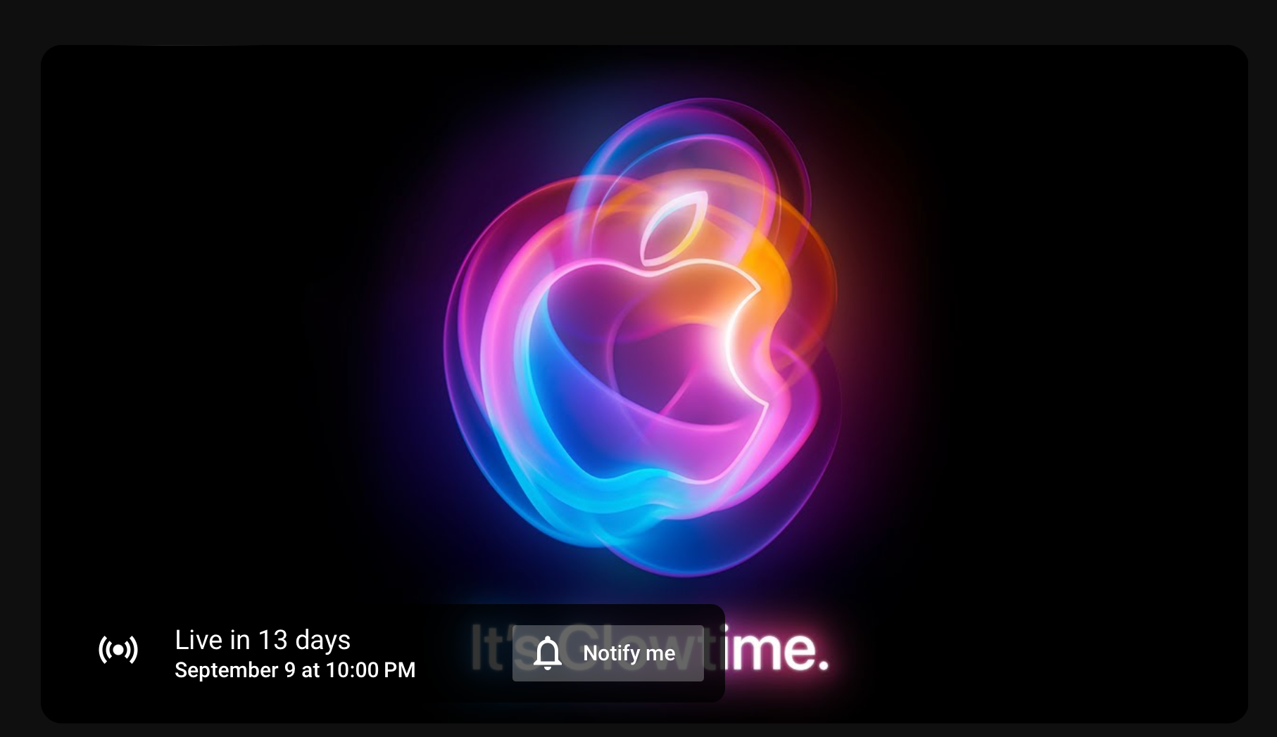 Кнопка Notify me на видео мероприятия Apple 9 сентября