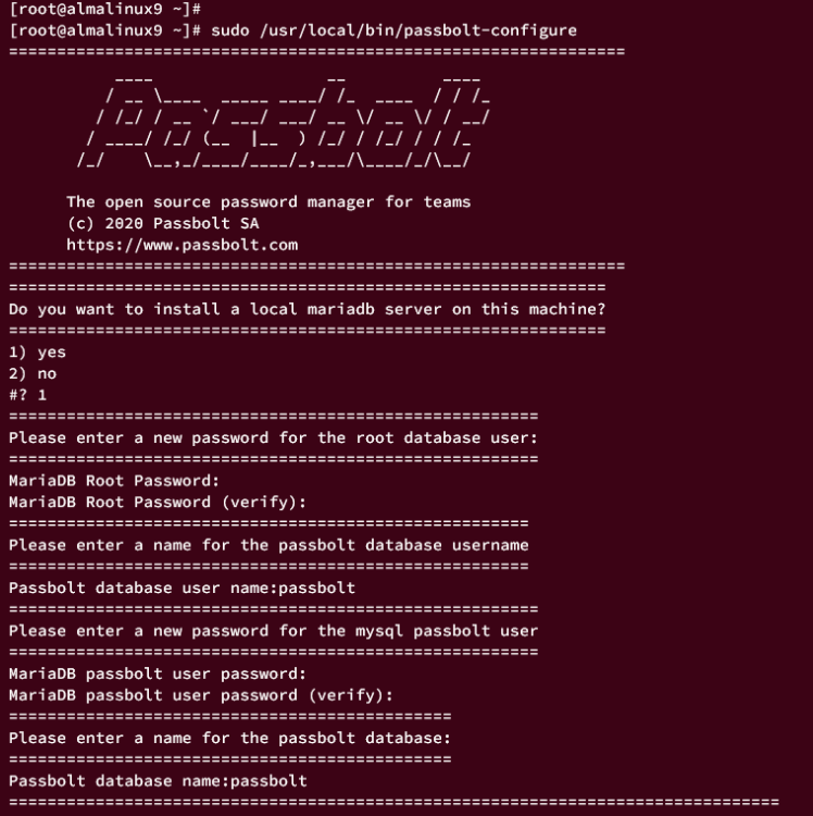 Шаг мастера: создание пользователя и базы данных MariaDB для Passbolt