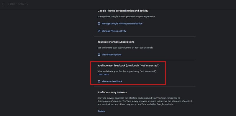 Страница «Отзывы пользователей YouTube» в Google Моя активность