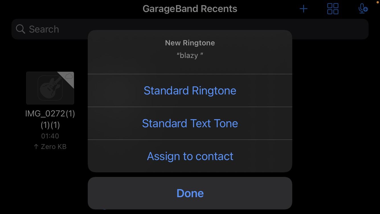 Опции рингтона в GarageBand после экспорта
