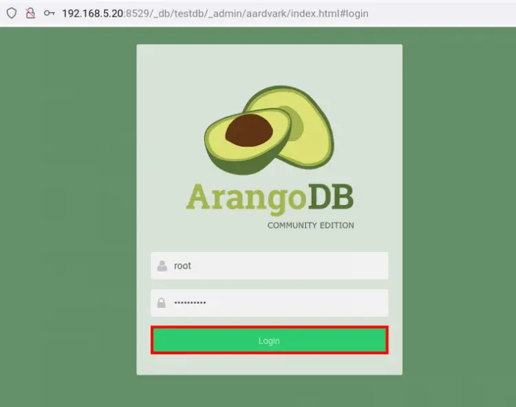 Страница входа в веб-консоль ArangoDB