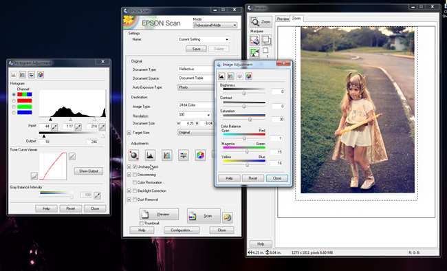 Регулировка уровней и насыщенности в драйвере сканера