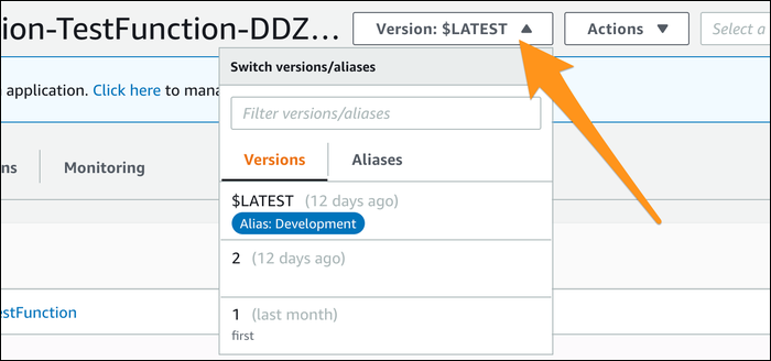 Lambda versions menu