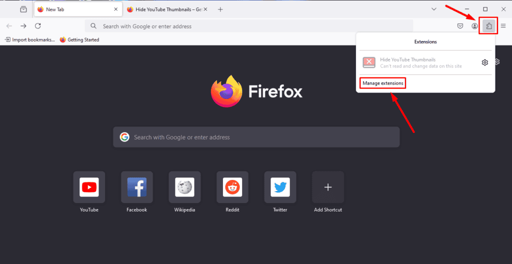 Управление расширением в Firefox