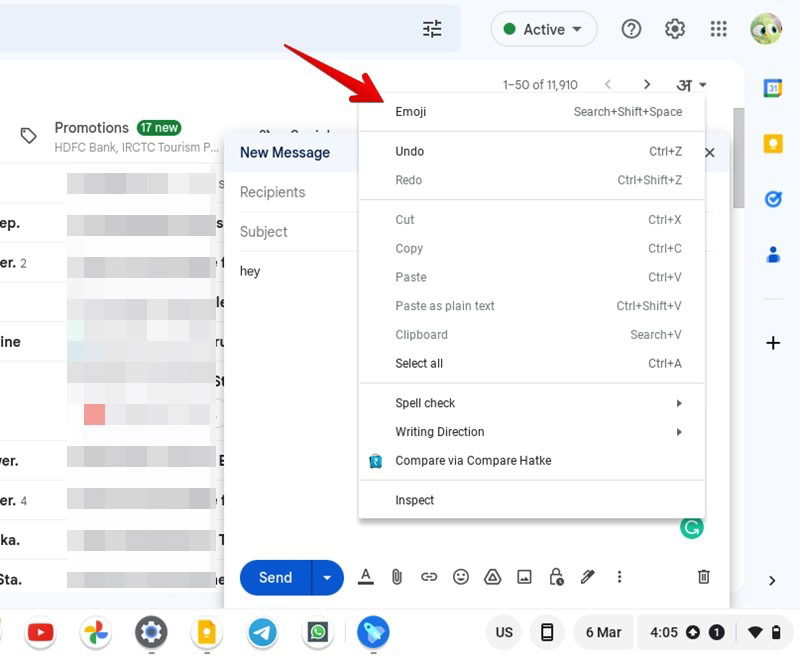Меню эмодзи, активированное через трекпад Chromebook