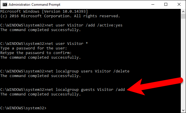 Добавление Visitor в группу guests командой net localgroup guests Visitor /add