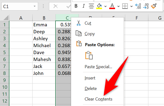 Контекстное меню столбца с опцией Clear Contents