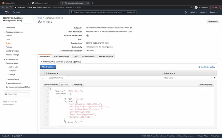 Консоль IAM с созданной ролью ecsTaskExecutionRole