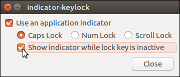 Окно настроек Indicator Keylock с опциями выбора клавиш и отображения