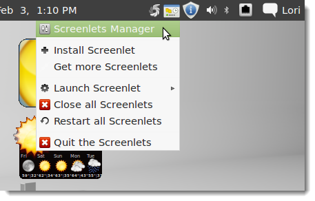 Главное меню Screenlets Manager в системном трее