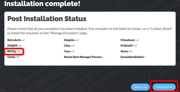 Проверьте, что RPCS3 находится в списке завершённых установок