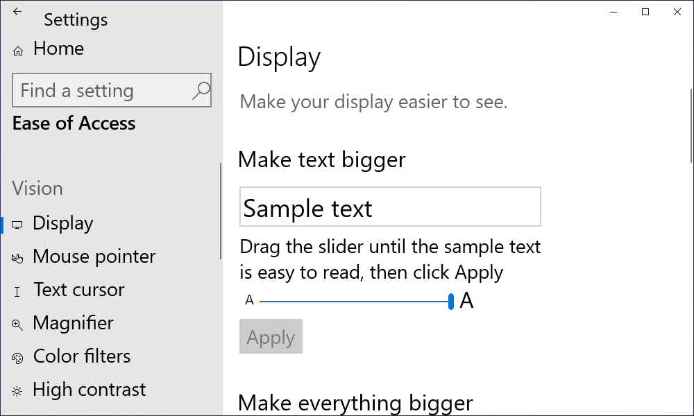 Пример значительно увеличенного текста в интерфейсе Windows. 
