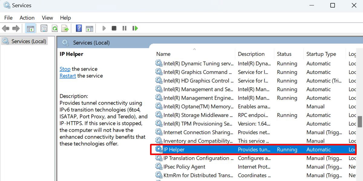 Остановка службы IP Helper в списке служб