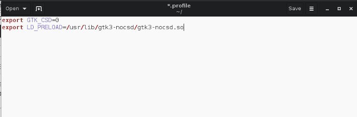Вставка строк в файл ~/.profile в текстовом редакторе.