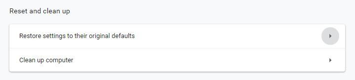 Chromeの設定画面、リセットとクリーンアップセクションのスクリーンショット