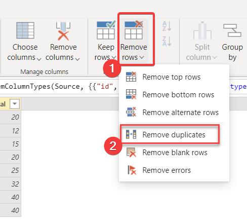 Меню Remove rows → Remove duplicates в Power Query