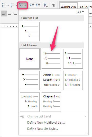 Применённый стиль многоуровневого списка к выделенному тексту