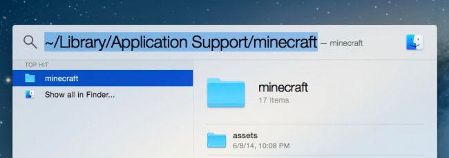 Скриншот Finder, открывающий папку Library/Application Support/minecraft