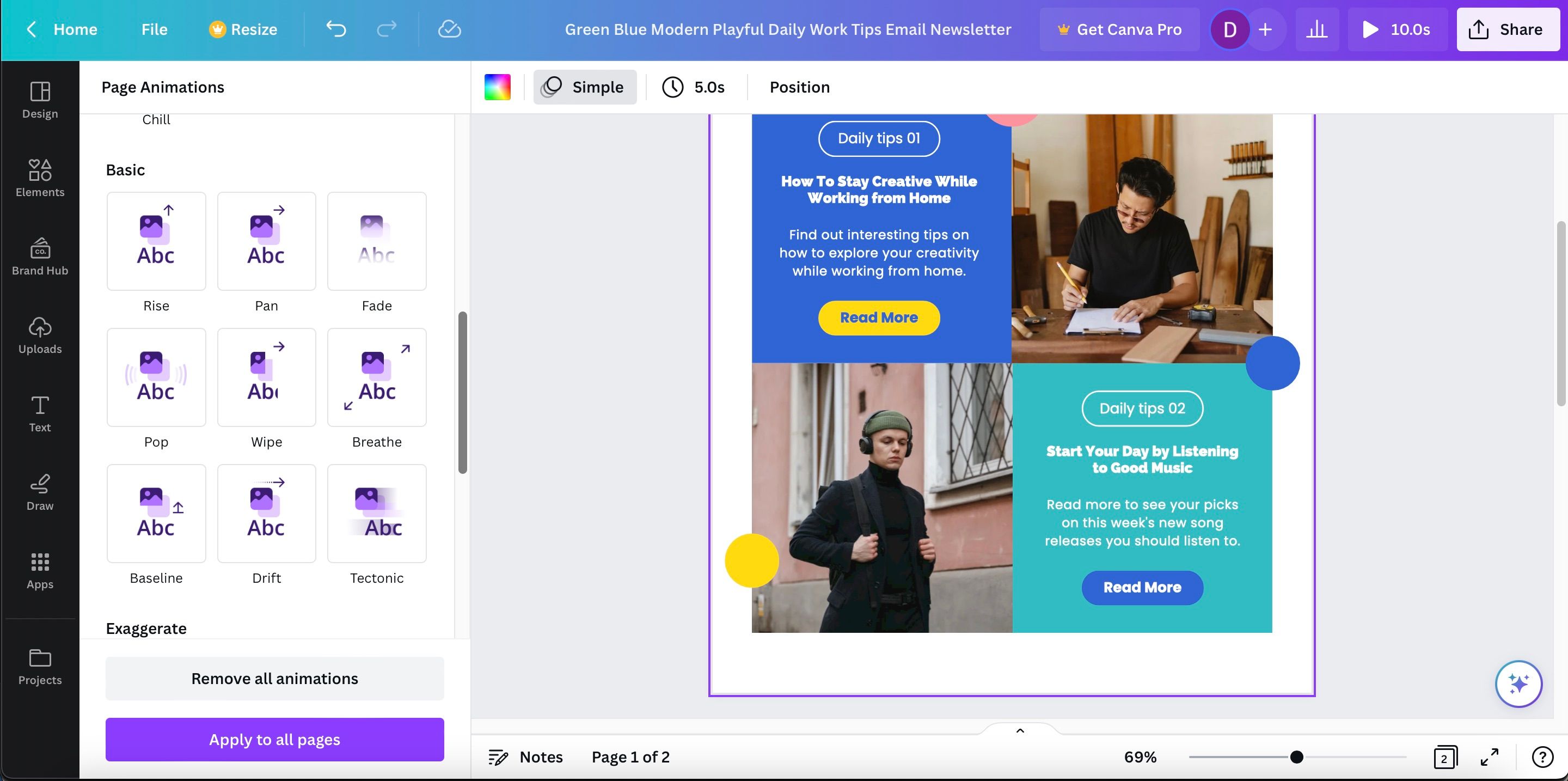 Добавление анимации в рассылку Canva