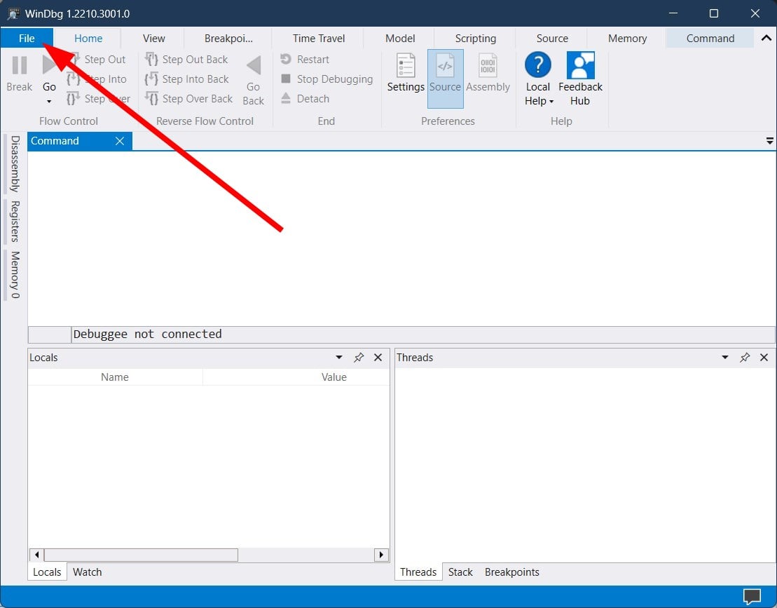 Открыть дамп в WinDbg через меню File