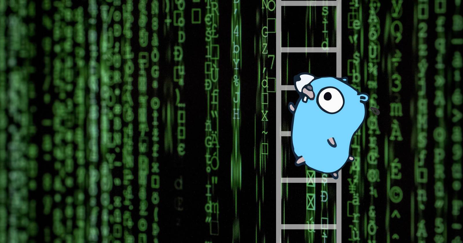 Маскот Go — синий гофер на фоне колонн зелёных символов
