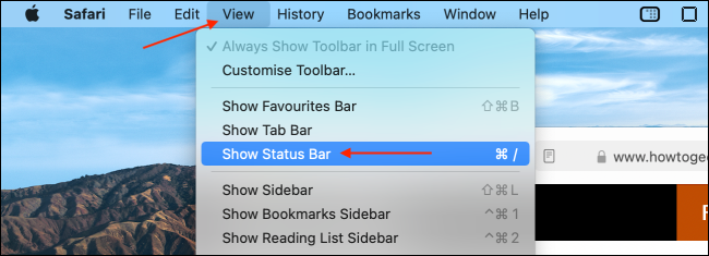 Включение строки состояния в Safari на Mac