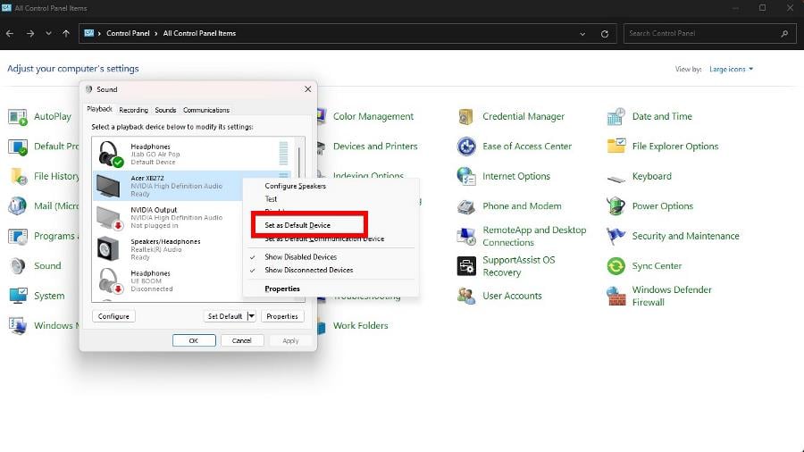 Контекстное меню устройства записи — установить устройство по умолчанию