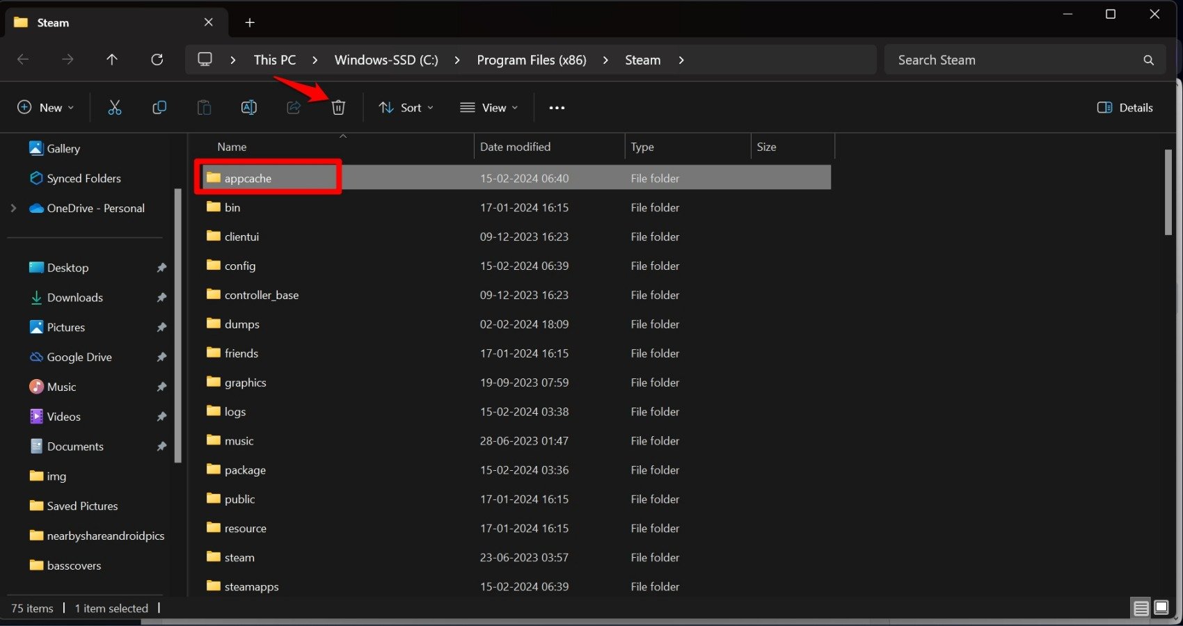 Удаление папки кеша Steam