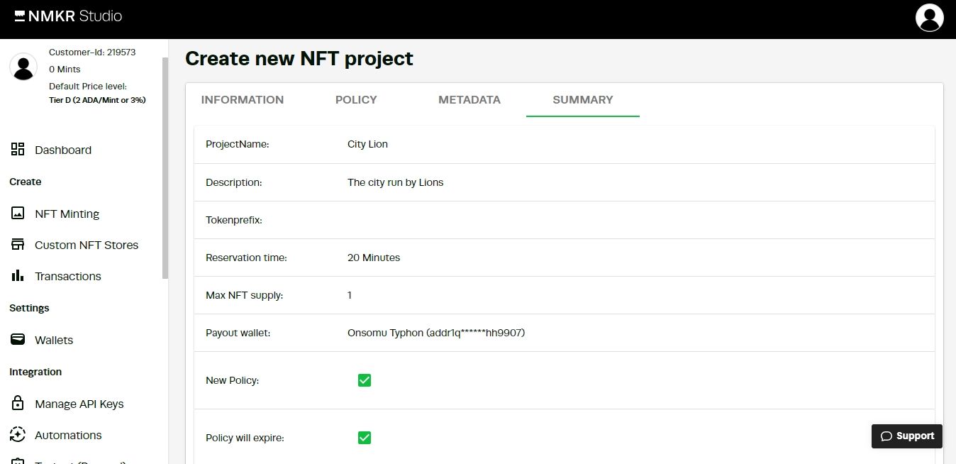 Скриншот NMKR: страница сводки проекта