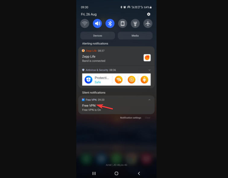 Уведомление активного VPN на Android