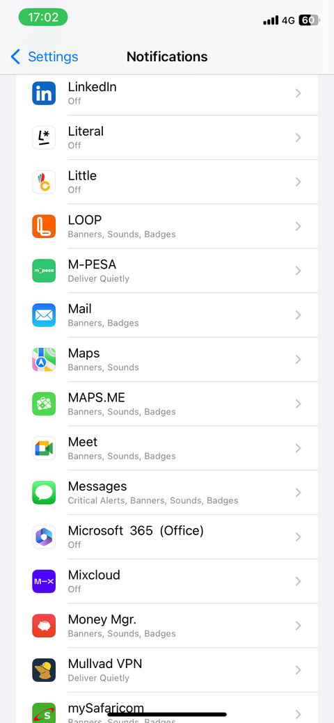 Список приложений в настройках уведомлений
