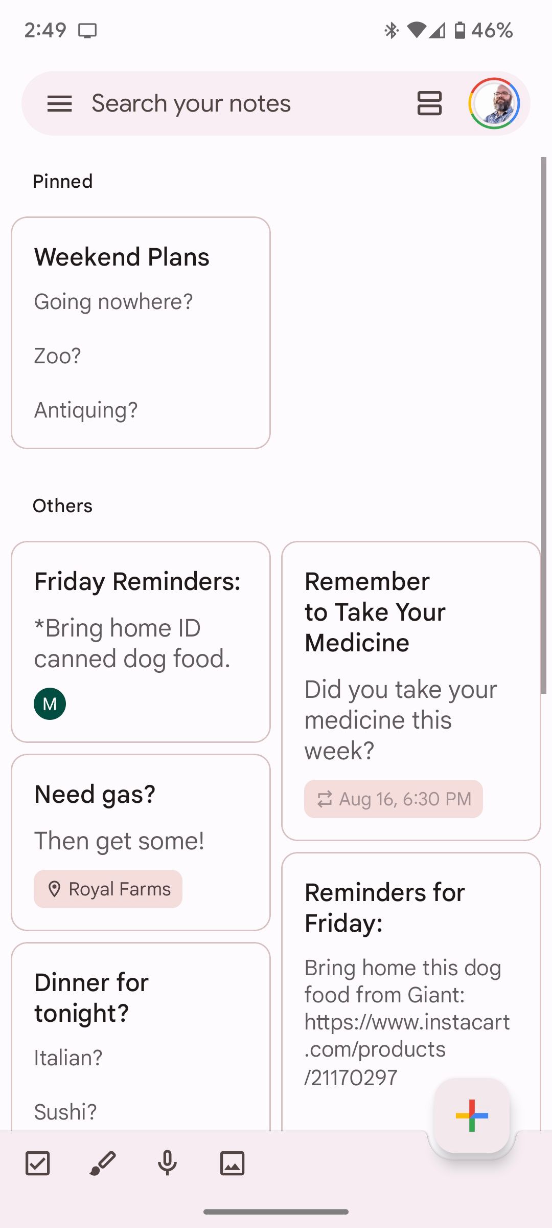 Закреплённая заметка в Google Keep