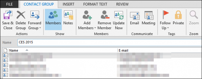 Просмотр свойств группы контактов и доступных действий