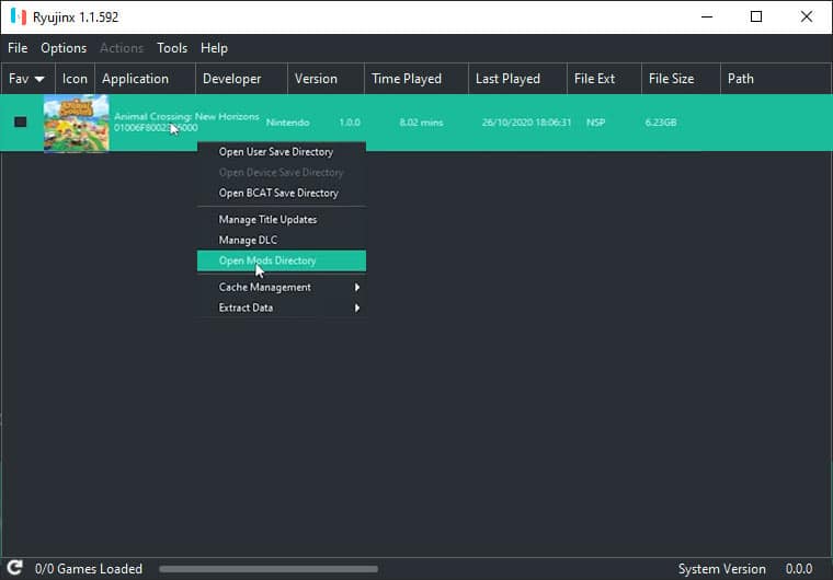 Открытие директории модов в Yuzu