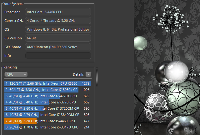 CineBench: окно рендерного теста и сравнение процессоров