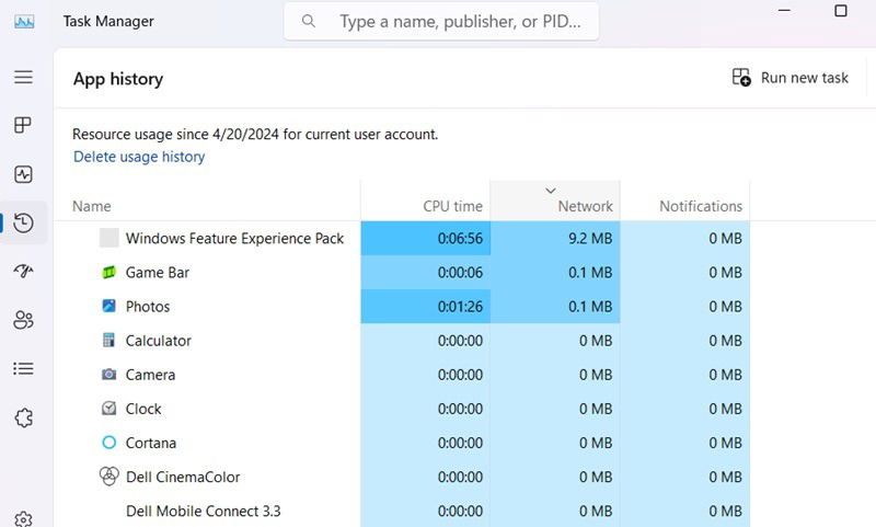 Просмотр «Истории приложений» в Диспетчере задач Windows для заданной учётной записи.