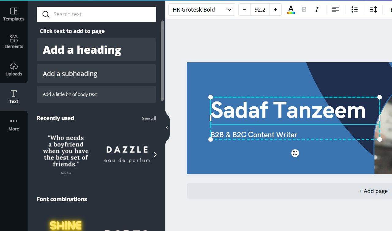 Раздел 'Текст' в меню Canva