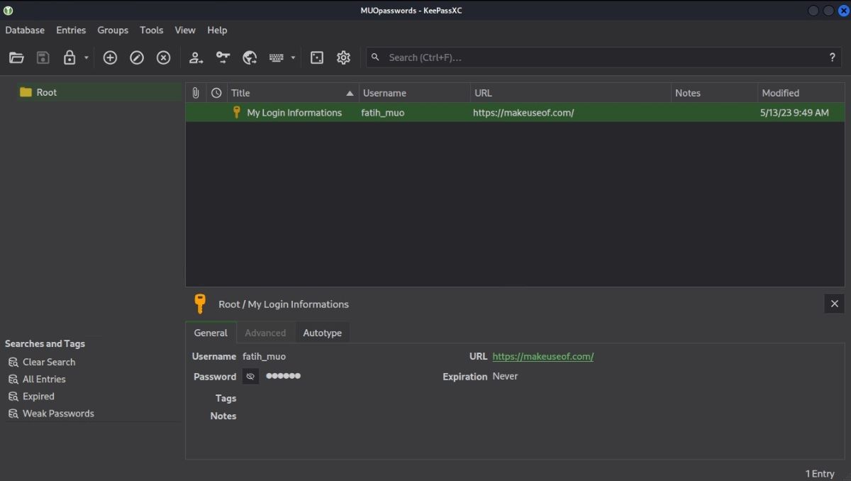 Главное окно KeePassXC с записями паролей после создания базы данных