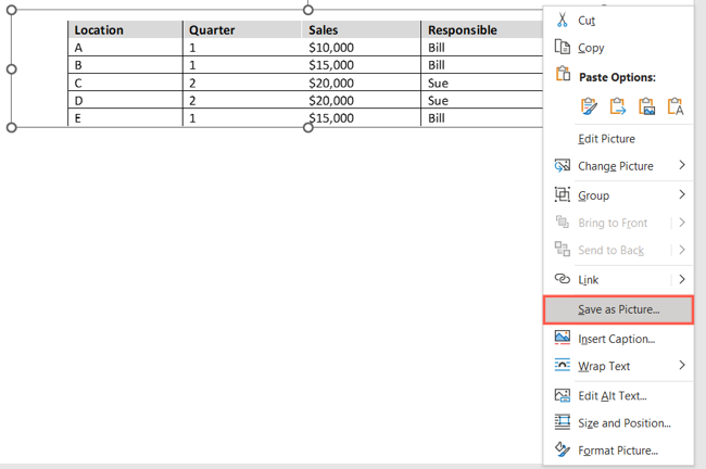Опция Сохранить как рисунок в контекстном меню