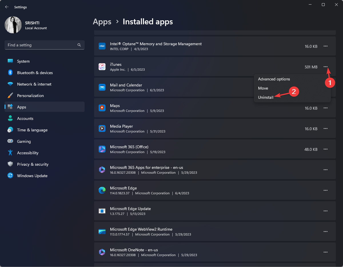 Выбор удаления iTunes в настройках Windows