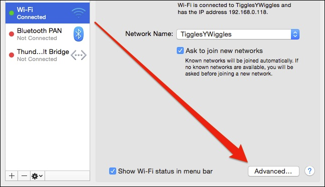 Окно дополнительных настроек Wi‑Fi