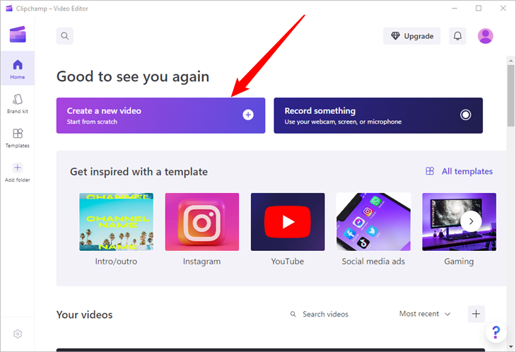 Кнопка создания нового проекта в Clipchamp