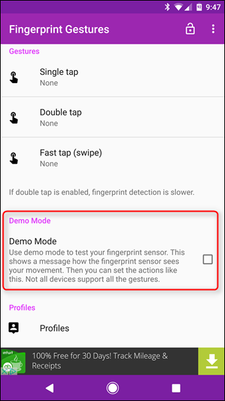 Скриншот: режим демонстрации Fingerprint Gestures
