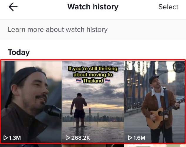 Просмотр истории просмотров в TikTok.