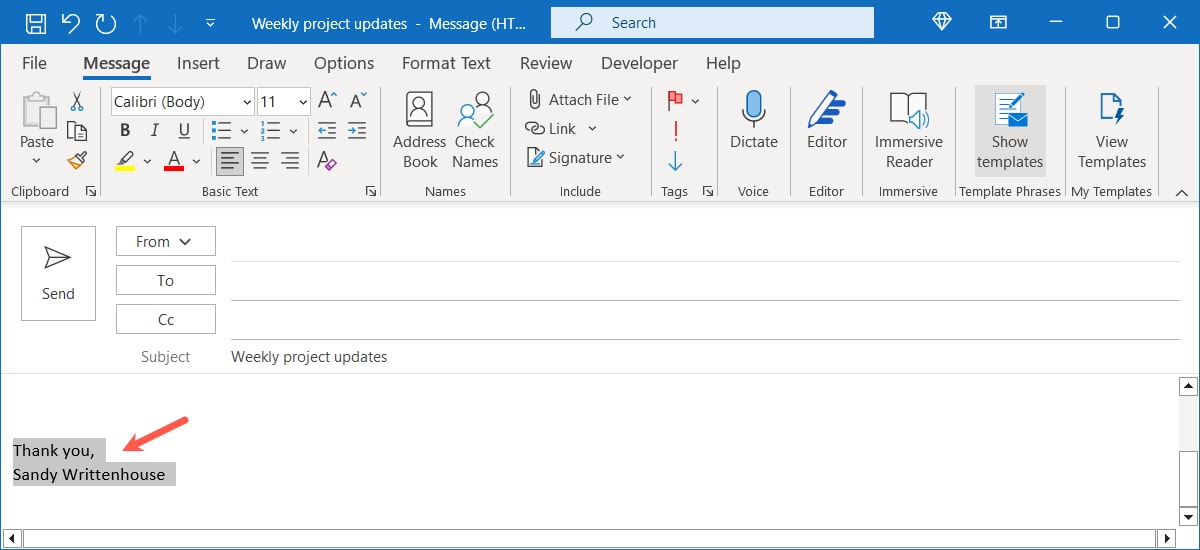 Окно создания письма с подписью в Windows