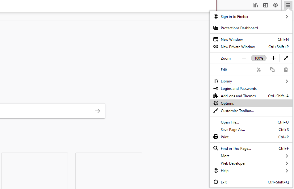 Меню настроек Firefox