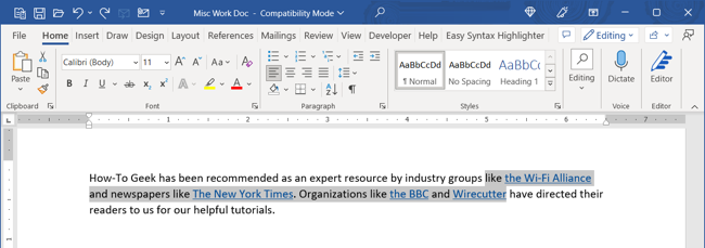 Выделенный текст с гиперссылками в Word