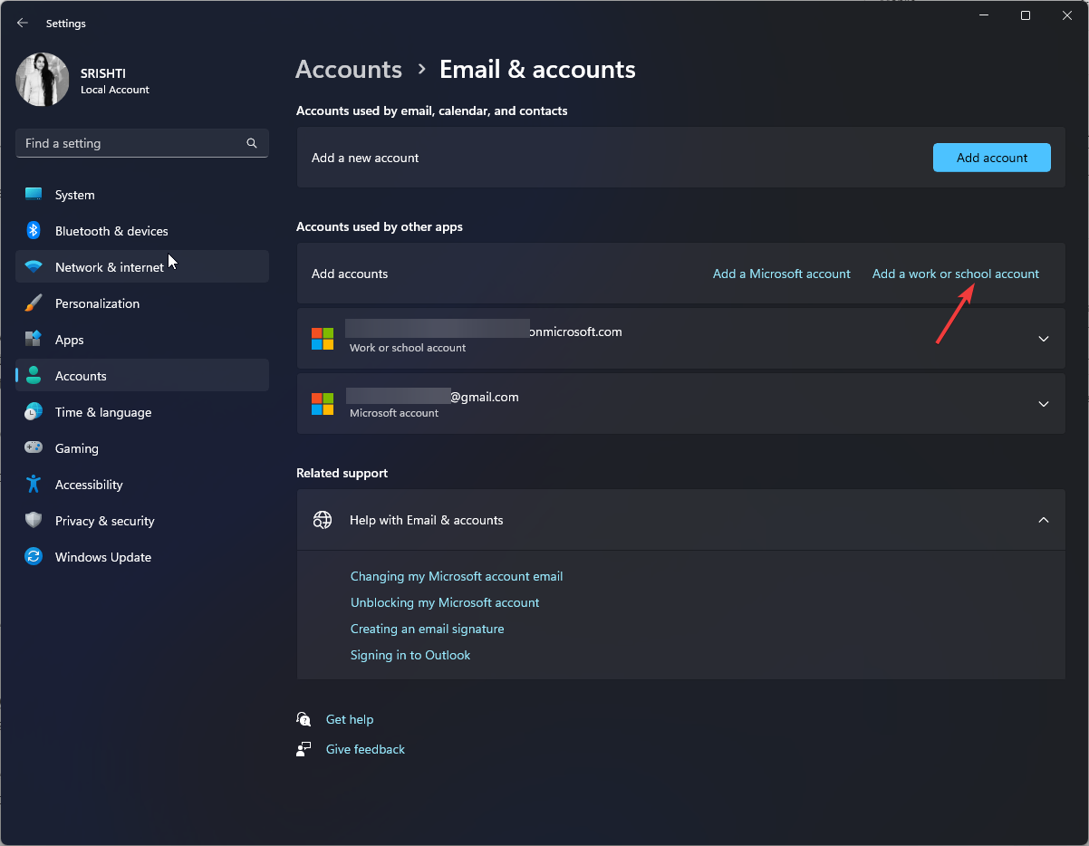 Кнопка Добавить учётную запись в Параметрах Windows