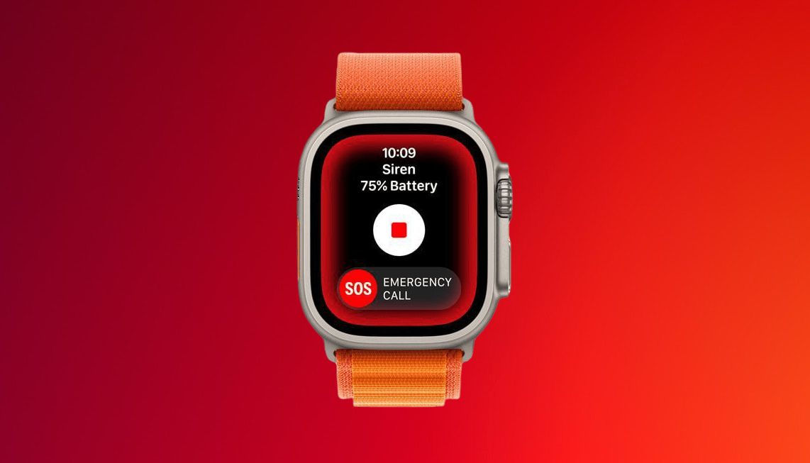 Экран сирены Apple Watch Ultra с индикатором времени и батареи